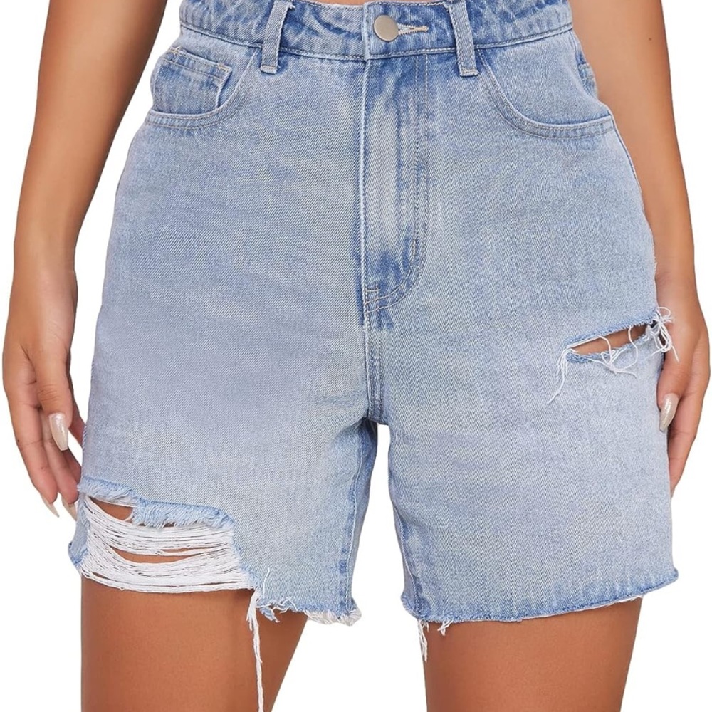 High-Waisted Light Blue Distressed Denim Mom Shorts